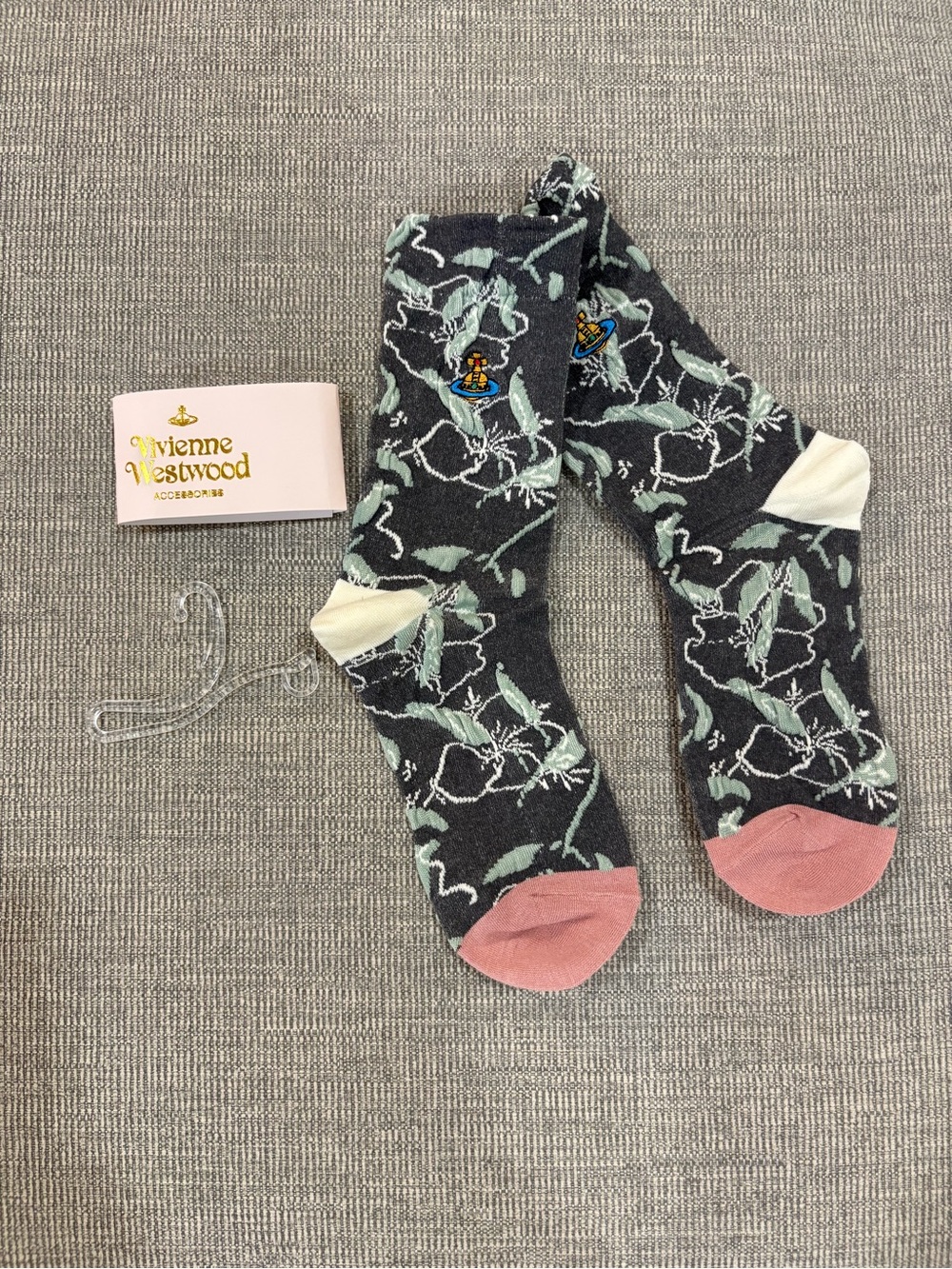 Vivienne Westwood Charcoal Floral Crew Socks with Pink Toe and Cream Heel